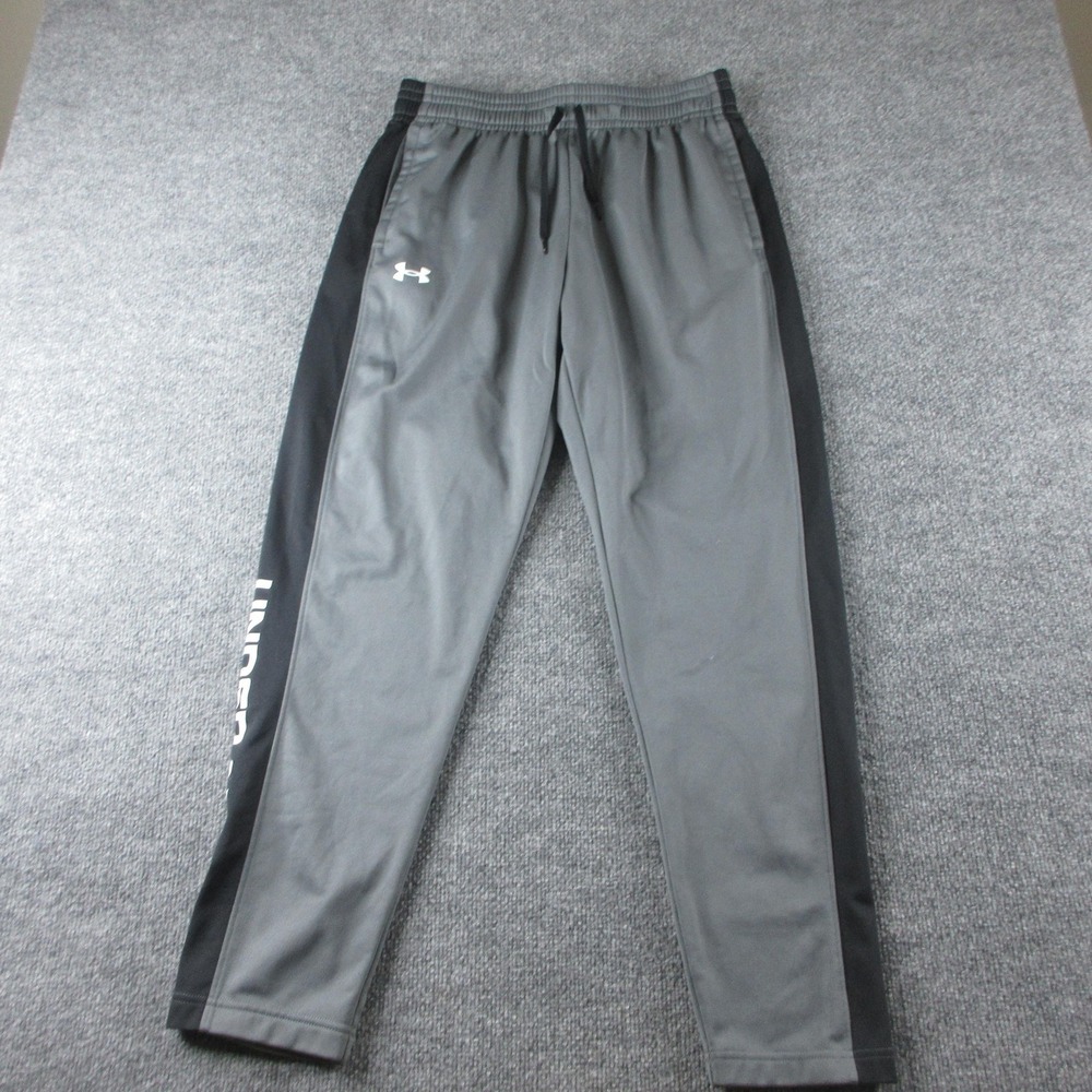 Under Armour Track Pants Mens L Gray Knit Elastic Waist Side Stripe Pockets Logo